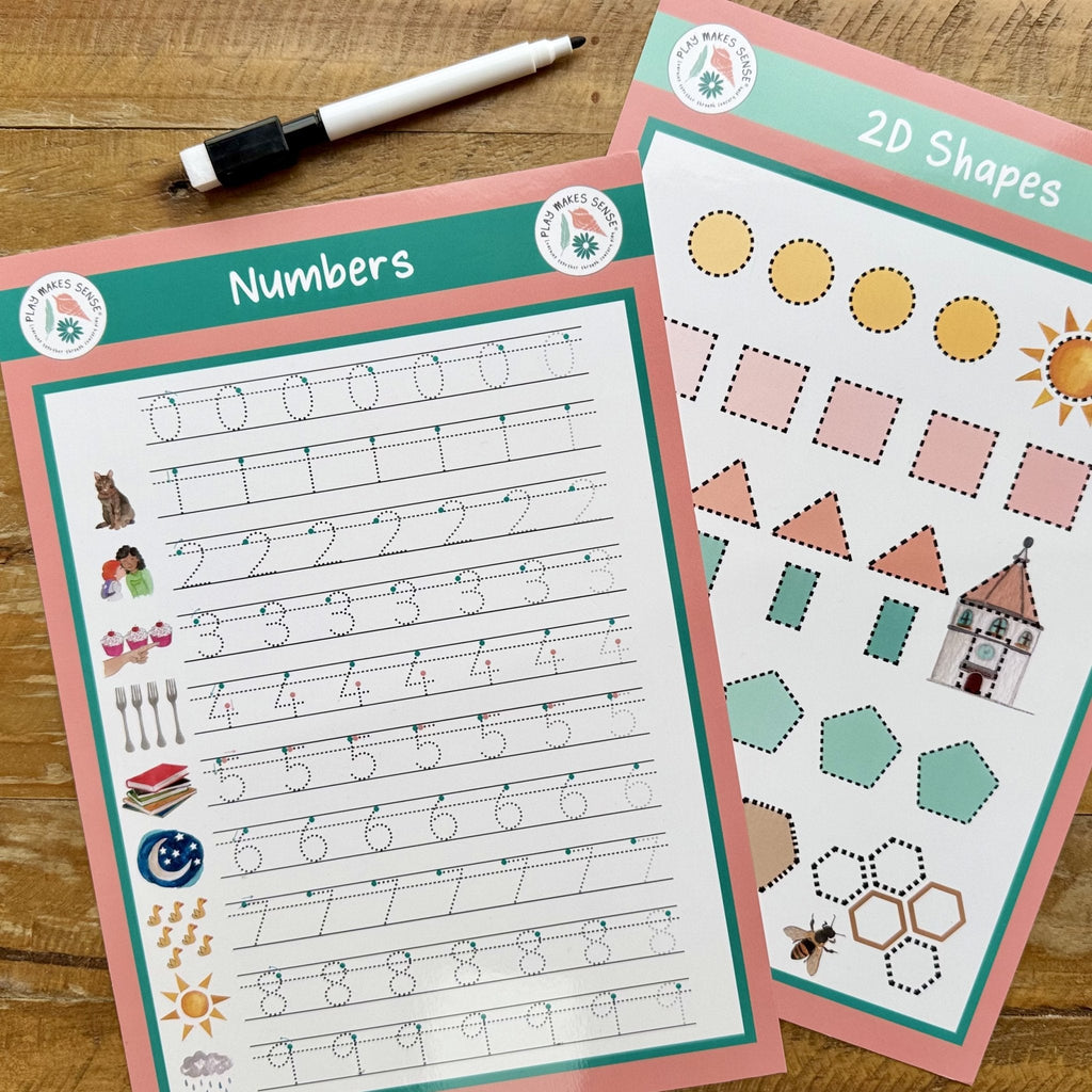 Number and Shape formation pages on a table with a pen